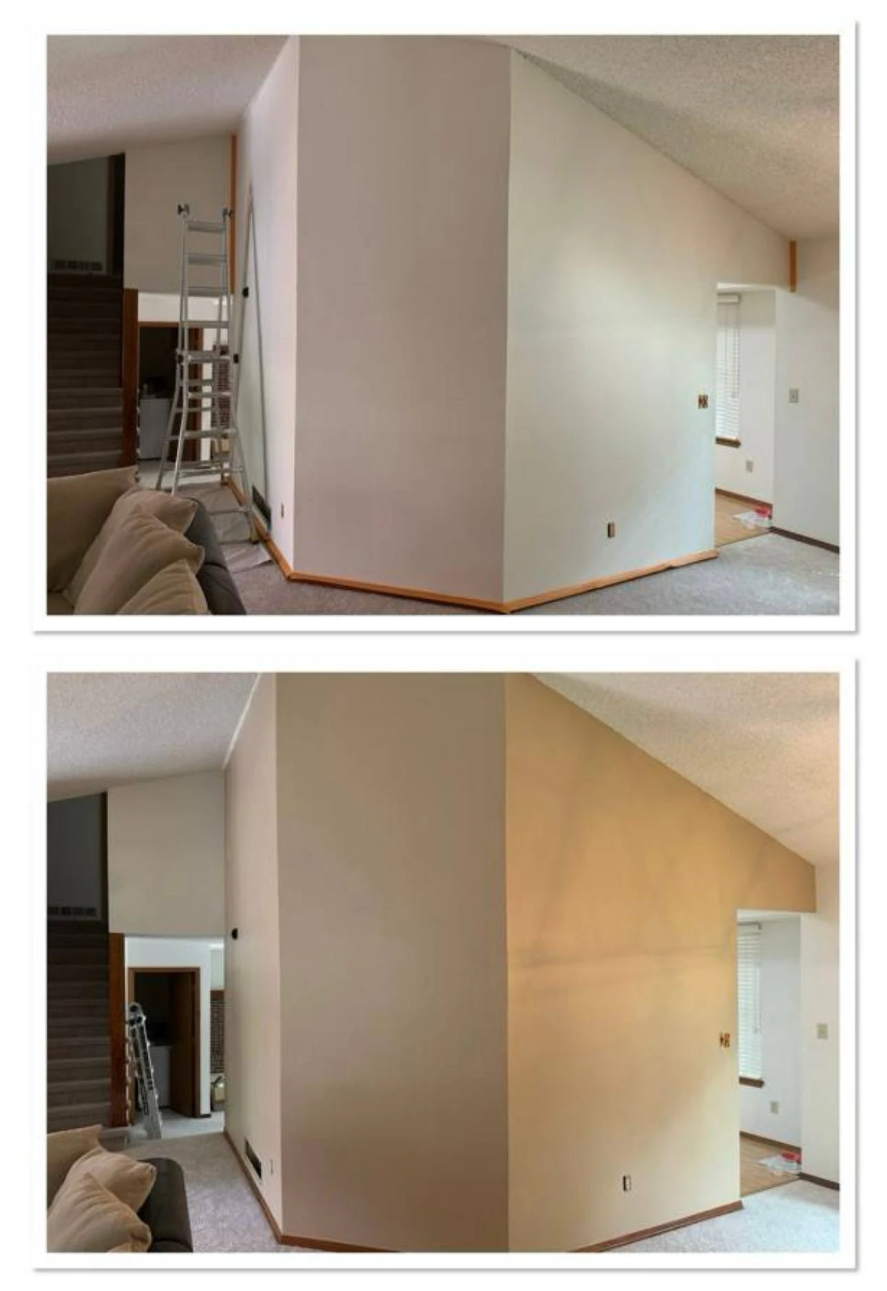 Two views of a tall stairwell wall during interior painting, with ladders beside the stairs